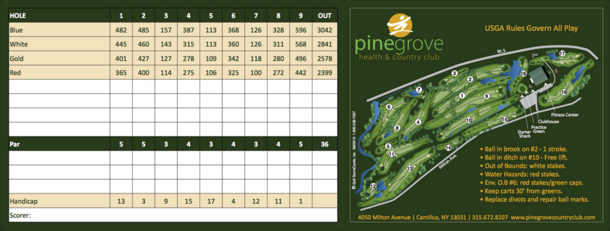 Golf Score Card at Pine Grove Health & Country Club Camillus, NY